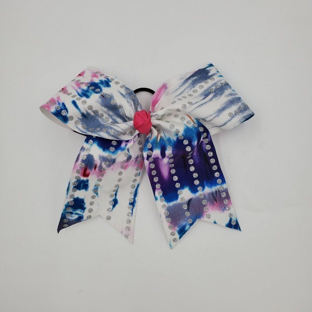 Cheer Hair Bow Pony Holder Blue White Purple Tie Dye With Silver Glitter Dots